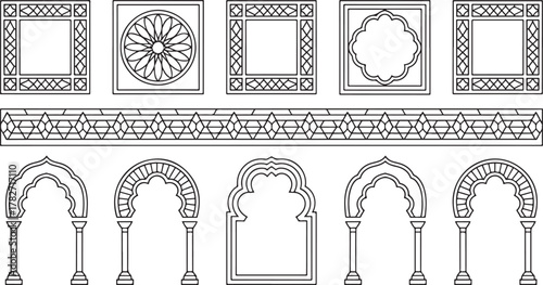Islamic Architectural Frames and Geometric Borders Keywords: islamic, geometric, pattern, arch, architectural, decorative, ornamental, design element