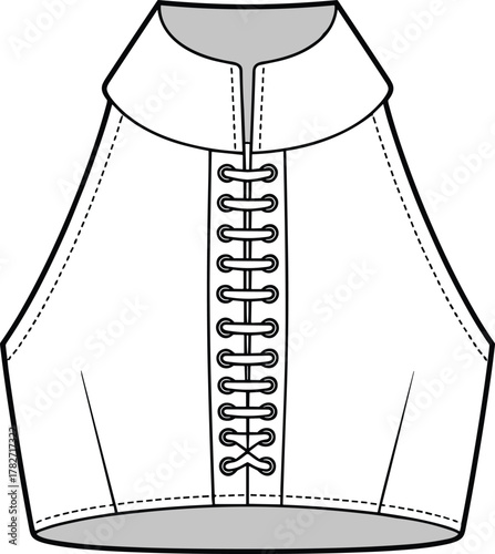 High collar lace-up top, fashion cad drawing, technical flat sketch, garment template, vector illustration, sewing pattern, apparel design, princess seams