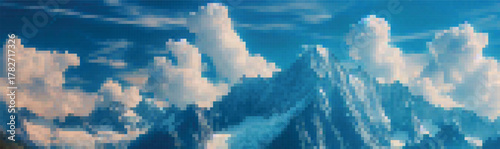 Pixel art vector of snowy mountains beneath a vivid blue sky with fluffy clouds. Retro 8-bit landscape in cool cyan and azure shades, evoking nostalgia, adventure, and serene digital beauty.
