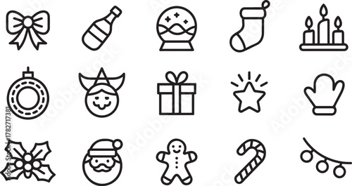 Set of Black and White Christmas Icons Keywords: christmas, holiday, icon, symbol, bow, ribbon, champagne, bottle, snow globe, stocking, candle