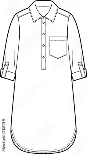 Long shirt tunic technical sketch, rolled sleeve detail, chest pocket, fashion flat vector, CAD drawing garment construction illustration