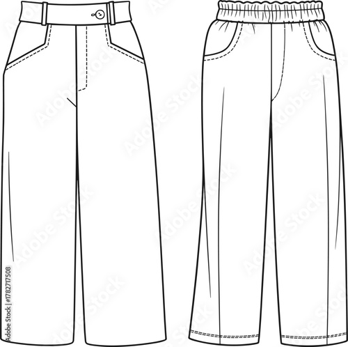 Two pants technical sketches, tailored and relaxed fit, fashion flat vector, waistband detail, CAD drawing garment construction illustration