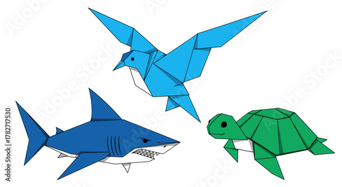 Charming origami marine life featuring a shark, turtle, and bird for children's educational content or creative craft projects that need a splash of color