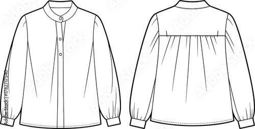 Women's blouse technical sketch, front and back view, band collar, gathered sleeve detail, fashion flat vector, CAD drawing illustration