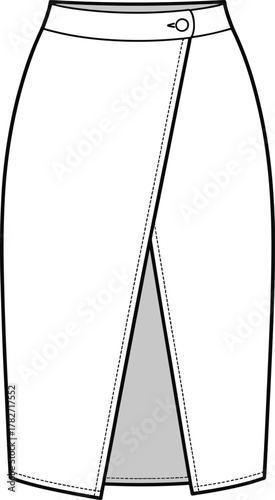 Wrap pencil skirt technical sketch, high waist design, fashion flat vector, tailored silhouette, CAD drawing garment construction illustration