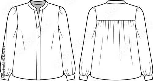 Women's blouse technical sketch, front and back view, fashion flat vector, gathered sleeve detail, band collar, CAD drawing illustration