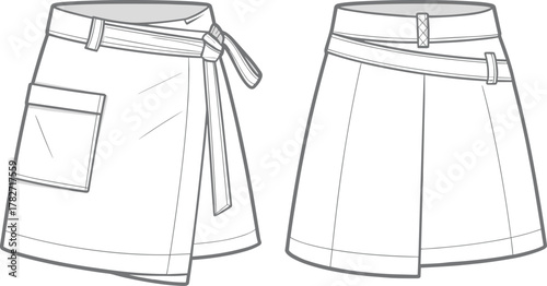 Wrap skirt design, fashion cad drawing, technical flat sketch, garment template, vector illustration, sewing pattern, apparel design, skirt details