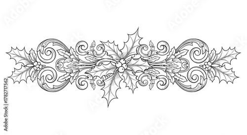 Elegant hand-drawn holly berry flourish accent for festive holiday cards and invitations, adding a touch of classic charm to your seasonal designs