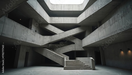Monolithic concrete structure featuring complex geometric levels, intersecting staircases. Sunlight streams from above, illuminating vast brutalist interior spaces, creating dramatic shadows.