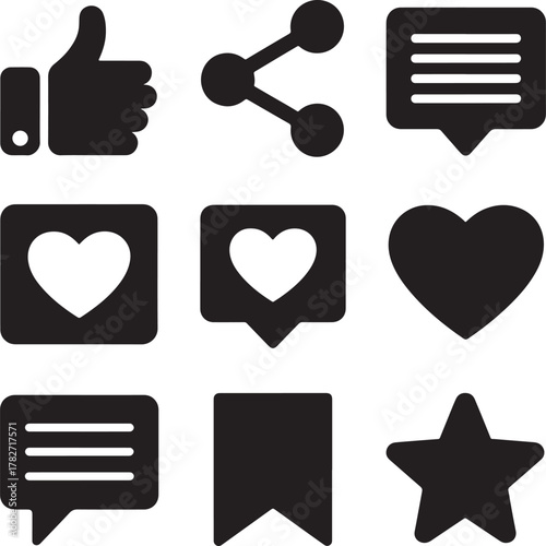 Set of social media icons including like share comment heart and star Keywords: social media icons like share comment heart star bookmark speech bubble