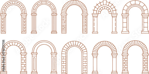 Set Of Ten Roman Arches With Columns In Outline Style architecture pillar
