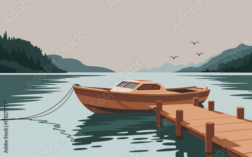 Calm lake scene with moored boat near wooden pier against background of peaceful mountainous landscape.