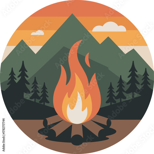 Campfire burning bright on wooden logs with mountains forest and warm sunset sky background circular emblem vector