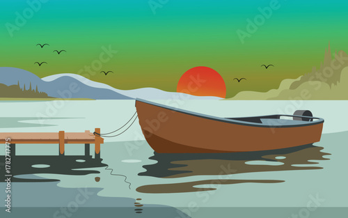 Beautiful sunrise or sunset over still lake water with small moored rowboat near simple wooden jetty structure.