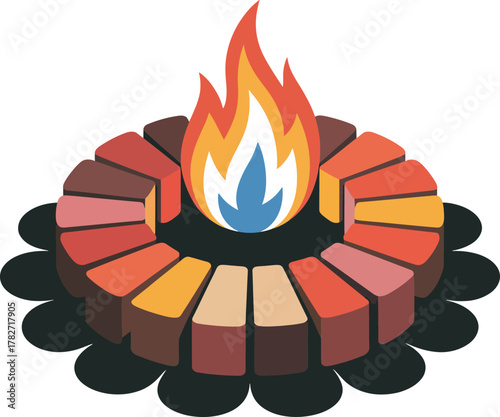 Isometric fire pit structure made of colorful bricks or stones surrounding warm flame vector graphic illustration