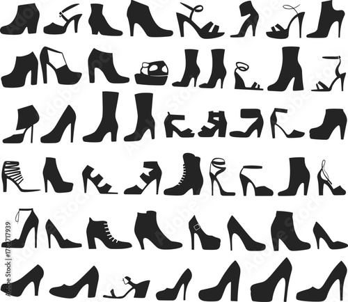 Silhouette set of women’s fashion footwear including high heels, boots, sandals, wedges, and strappy shoes in various stylish designs and shapes