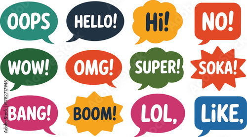 Twelve Speech Bubbles with Exclamatory Words and Phrases Keywords: speech bubble, text, word, phrase, exclamatory, expression, emotion, reaction