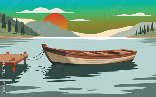 Peaceful summer landscape scene featuring moored rowboat at wooden dock during sunset or sunrise over calm lake and mountains