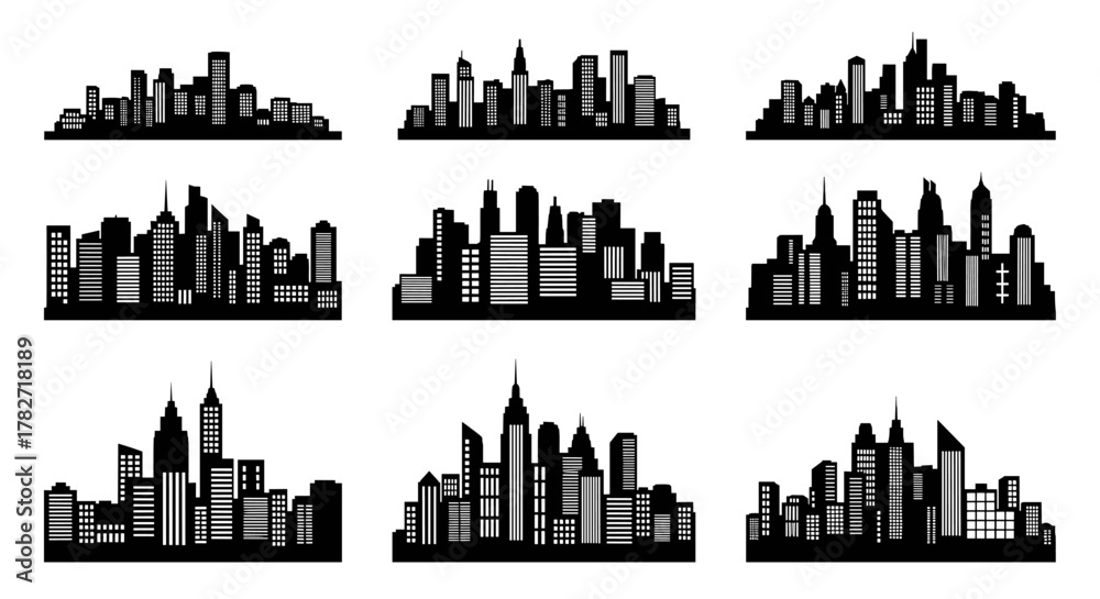 Obraz premium Create your urban masterpiece with these city skyline silhouettes, perfect for website headers and modern designs with a professional edge