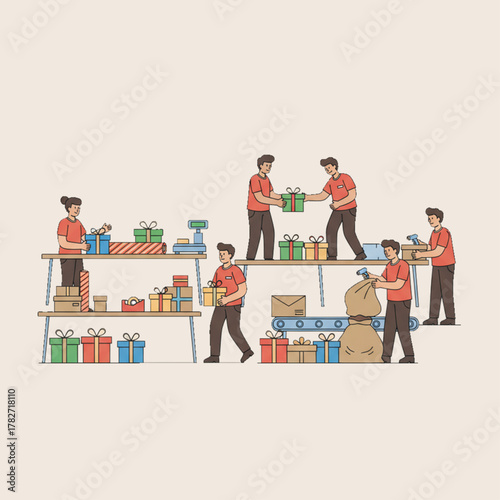 Post Office Workers Sorting and Packing Winter Gift Boxes for Holiday Delivery in Flat Vector Illustration on Single Background