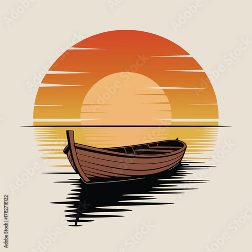 Small wooden fishing boat floating calmly on ocean water against vibrant sunset or sunrise background horizon.