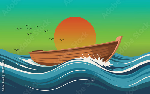 Small wooden vessel navigating large turbulent ocean waves under vibrant colorful sky during sunset or sunrise.