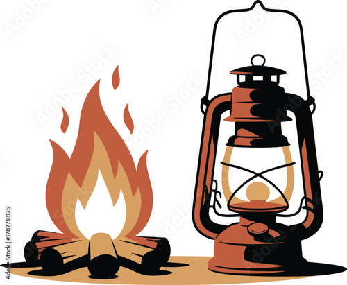 Traditional camping gear scene with warm bonfire next to old style kerosene lantern vector illustration artwork