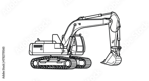 Detailed line drawing of a heavy duty construction excavator machine
