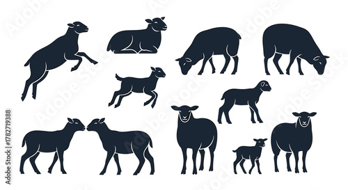 Charming collection of silhouette sheep and lambs showcasing various playful and peaceful poses, perfect for farm or nature themes.