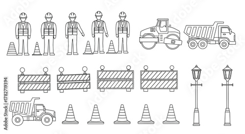 Construction workers road equipment barriers and streetlights in a lineart illustration