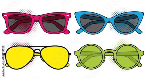 Vibrant collection of colorful sunglasses, perfect for summer fashion, travel, and stylish accessory promotion