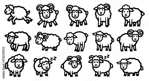 Charming collection of cute cartoon sheep icons depicting various playful actions and peaceful sleeping poses for delightful designs
