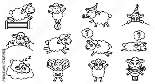 Joyful cartoon sheep illustrations showcasing playful activities like jumping, balancing, celebrating, and sleeping, perfect for children's content and whimsical designs.