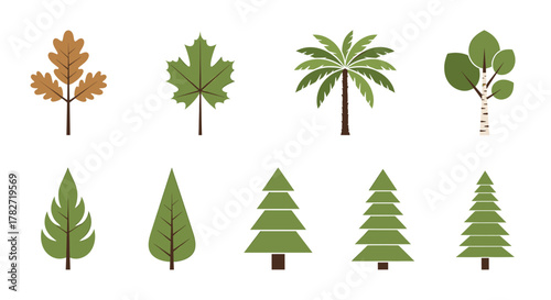Vibrant collection of modern, stylized trees and leaves for nature designs, offering a fresh, natural aesthetic for graphic projects.