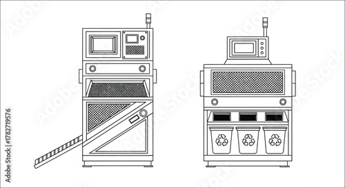 Detailed blueprint of retro futuristic recycling robots with storage bins