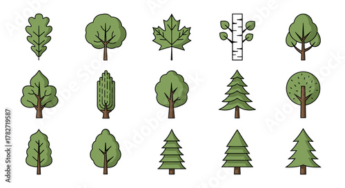 Diverse collection of stylized trees and leaves, perfect for nature and educational projects, offering vibrant greenery and simple design appeal.