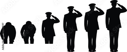 Military salute evolution silhouette illustration set with soldiers in uniform, standing posture, respect gesture, black vector design, army concept, formal salute theme.