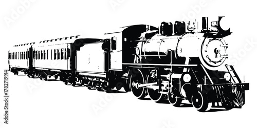 Classic steam locomotive with passenger coaches, vintage train illustration