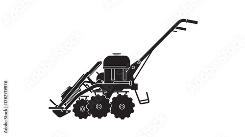 Get ready to cultivate with this detailed tiller illustration, perfect for agriculture or farming designs, showcasing modern farm equipment and promoting efficient soil preparation