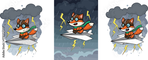 Cute cartoon fox pilot flying paper airplane in thunderstorm, lightning sky adventure illustration, brave animal aviator art