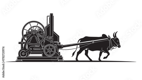 Striking silhouette of a bullock cart powering a vintage industrial machine, a dynamic blend of nature and technology, perfect for illustrating innovation or historical agriculture