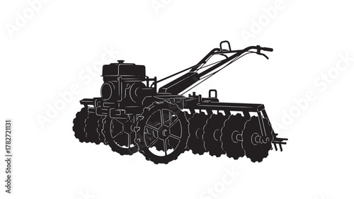 Powerful farming tractor in sleek black and white ready for spring planting and harvesting season, perfect for illustrating agriculture, machinery, and rural life, conveying strength and tradition