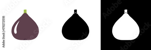 A minimal fig icon shaped with smooth curves and a small stem, presented in color, black, and white. Its glossy highlight adds a fresh, ripe feel suitable for food or harvest themes.