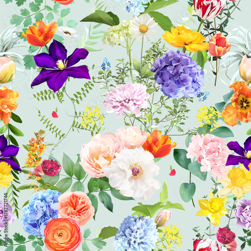 Summer garden floral print with leaves and flowers. Spring tulips, hydrangea, ranunculus, hyacinth, daffodil and plants. Botanical pattern design. Seamless vector colorful pattern. On sage background