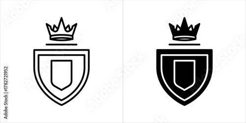 Two shield emblems with crowns, one outline and one solid black