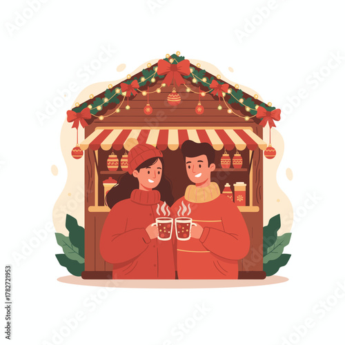 Young couple holding cups of hot drinks at festive market stall  