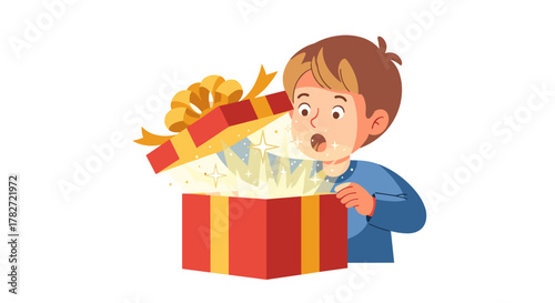 Excited boy opening a colorful gift box with surprise expression  