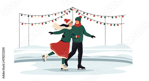 Young couple skating joyfully on ice rink decorated for winter  