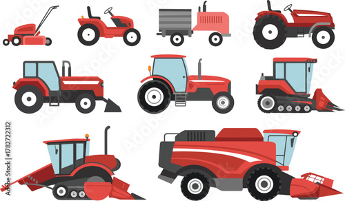Modern red agricultural machinery vector set with tractors, mower, trailer, tracked harvester and combine for farming, crop cultivation, agribusiness design and agriculture infographic assets