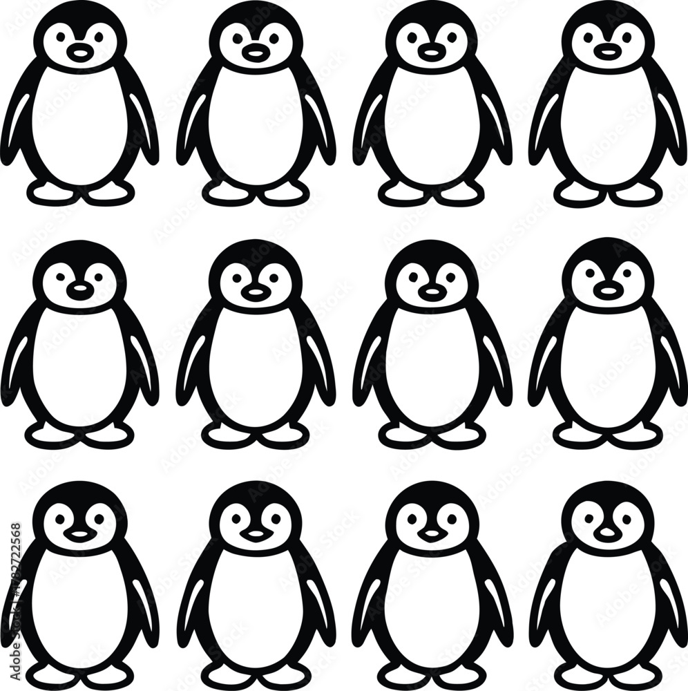 Fototapeta premium Twelve Simple Black and White Penguin Icons silhouette.